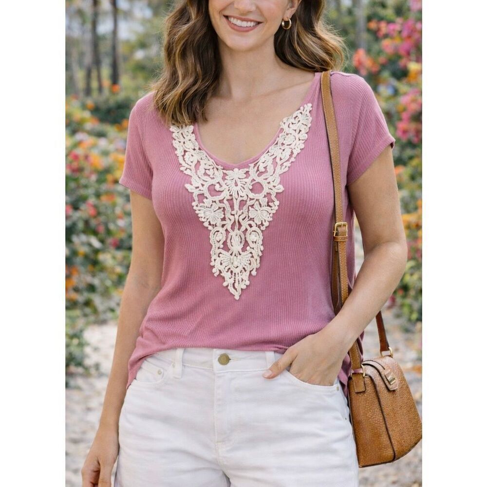 Soft Surroundings pink lace overlay vneck top small